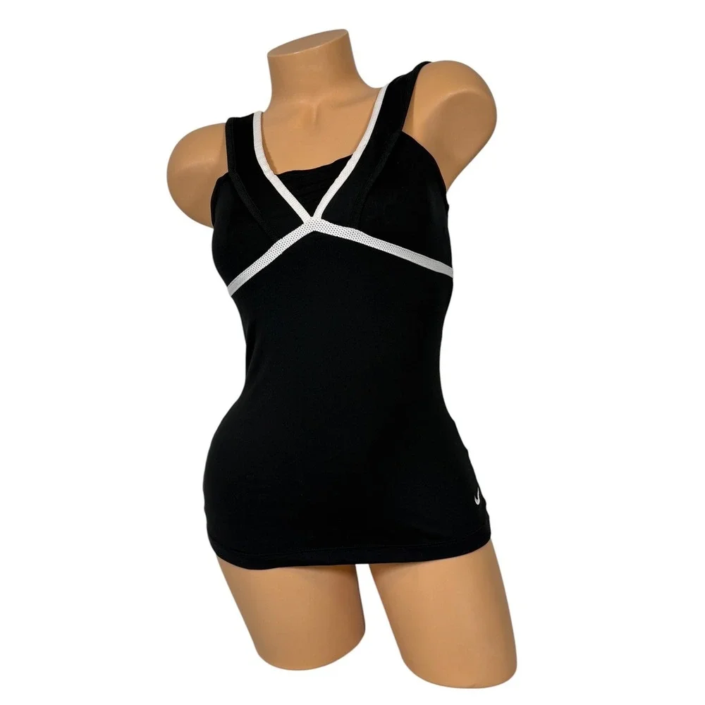 Nike Dri-FIT Womens Black White Mesh Trim Built-In Bra Athletic Tank Top Small